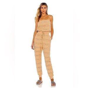 L*Space Beige and White Striped cinched waist Jumpsuit SMALL with pockets